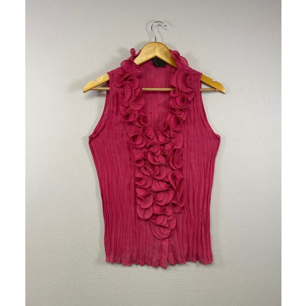 Barbiecore Serenade New York Womens Small Fuchsia Pink Plisse Ruffle V-Neck Top
